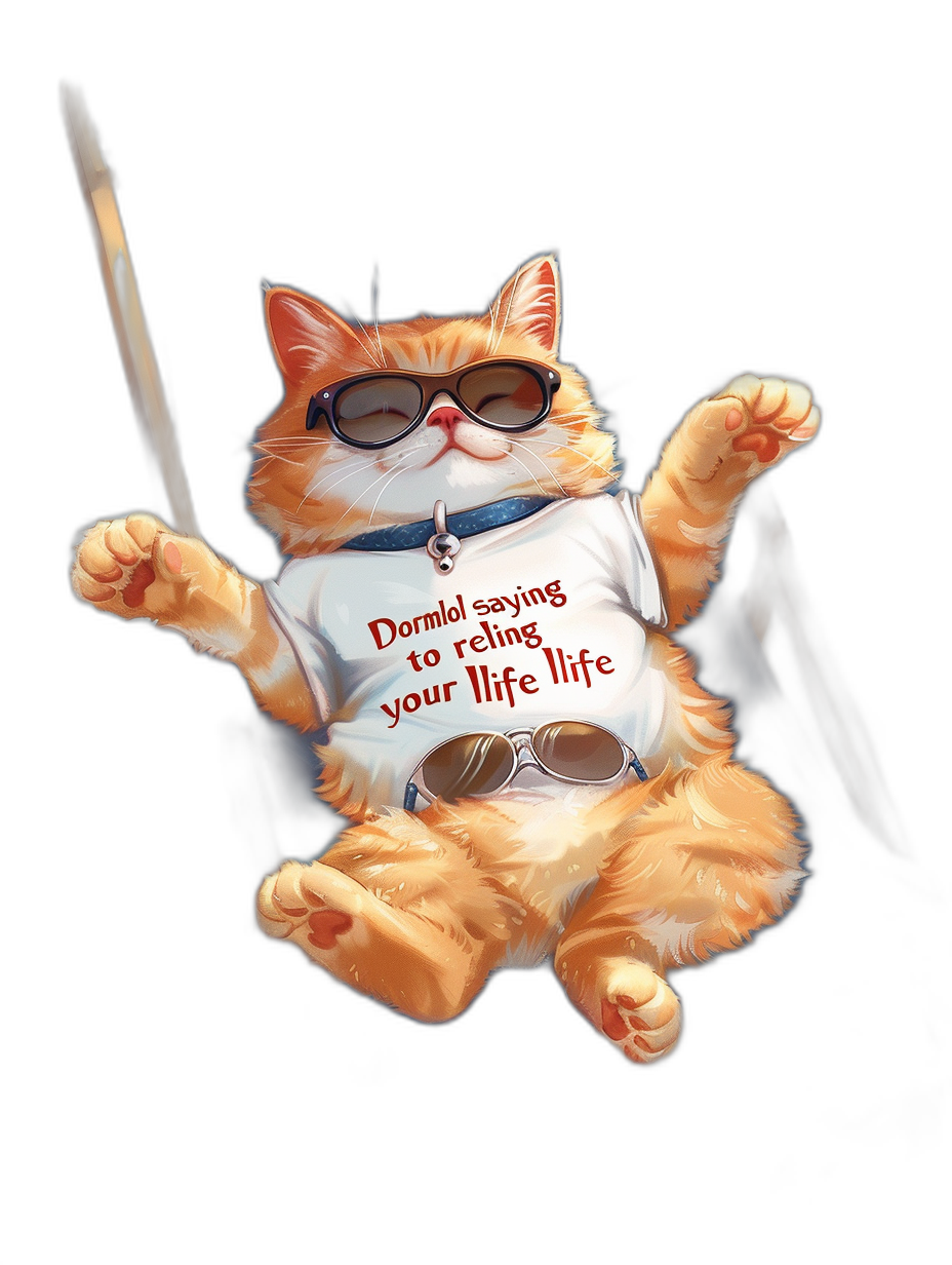 A fat orange cat wearing sunglasses and a white t-shirt with the words “Dopal is saving your life”, jumping on a black background, in the style of anime.