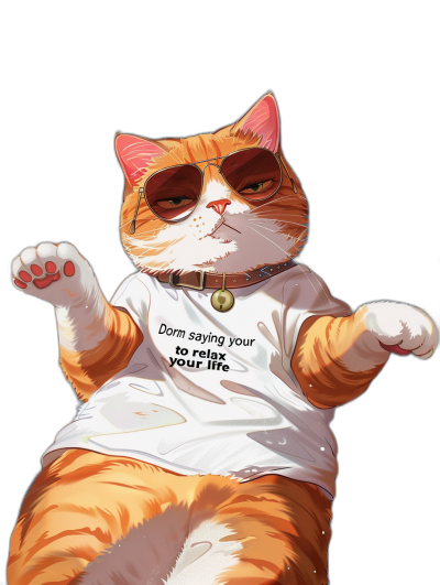 digital art of a cute and fat orange cat, wearing a white t-shirt with "esseract your life dom saying to relax" written on the shirt, wearing sunglasses, black background, chill vibes, simple drawing in the style of dom.