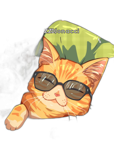 A cute orange cat with black sunglasses is sleeping on top of an air fan. The style is similar to stickers with a green color and yellow border. The background is dark with the text "ZAtomicDjonastay" in a bold effect font. The drawing is in an anime manga style.