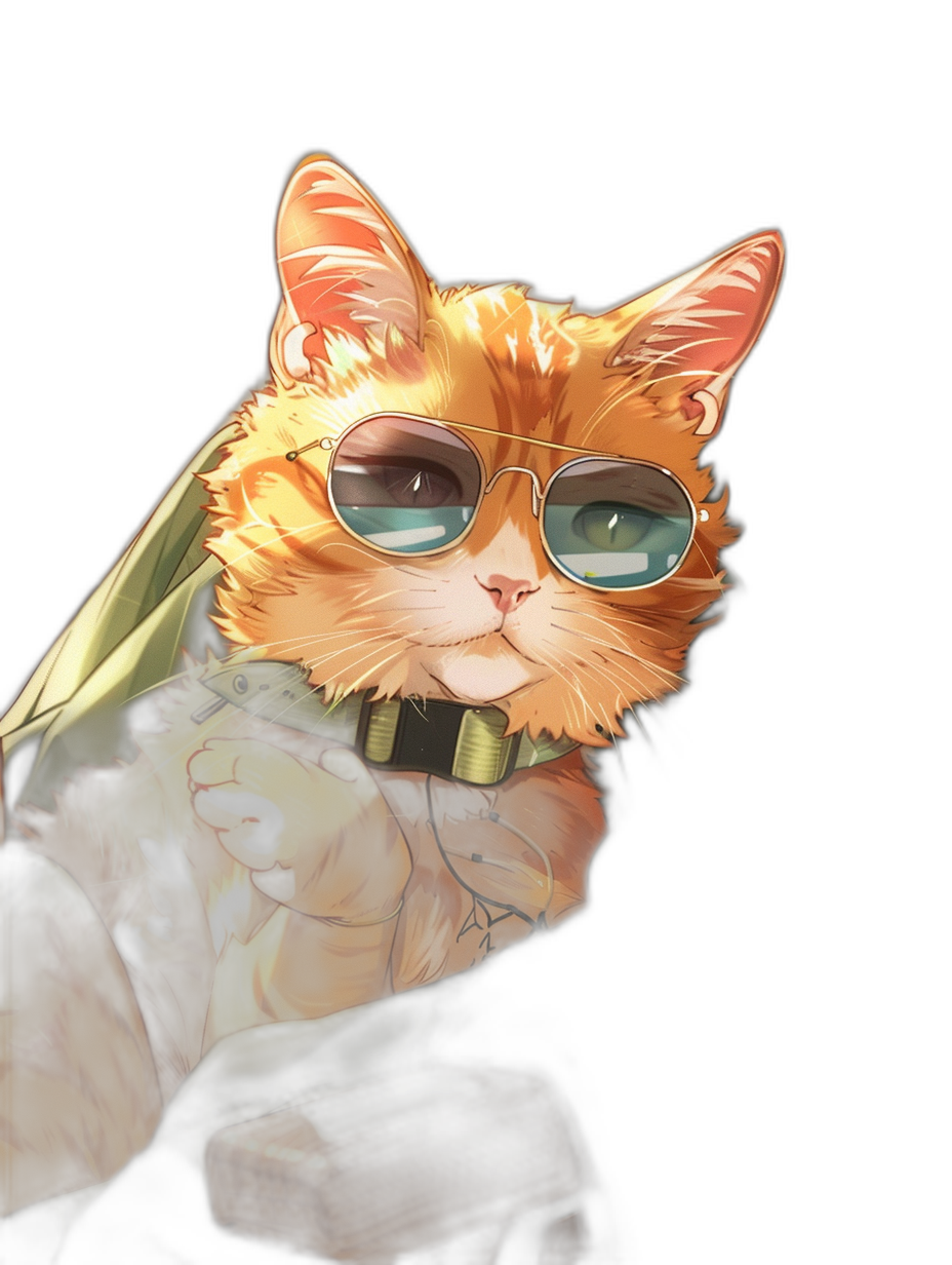 digital art of a cute and fat orange cat, wearing a long sleeve shirt, green tie and aviator sunglasses, black background, chill expression, smile, head tilted back, in the style of anime artist niji5