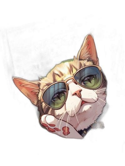 A cute cat wearing sunglasses is depicted in the style of anime with a black background. The cat is smiling and has green eyes. It is holding its paw up as if making the 'all right' gesture. The overall mood of the scene should be cheerful and playful.