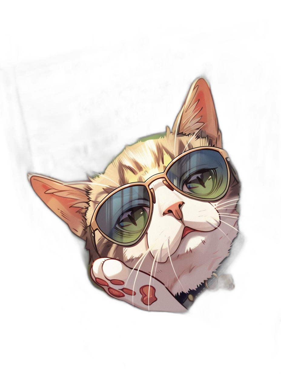 A cute cat wearing sunglasses is depicted in the style of anime with a black background. The cat is smiling and has green eyes. It is holding its paw up as if making the ‘all right’ gesture. The overall mood of the scene should be cheerful and playful.