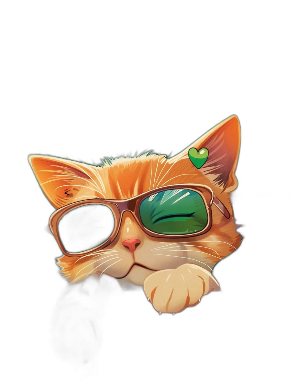 digital art of a cute kitten, wearing sunglasses with green lenses, black background, minimal and simple style, having a heart on the eye, chill mood, in the style of minimal.