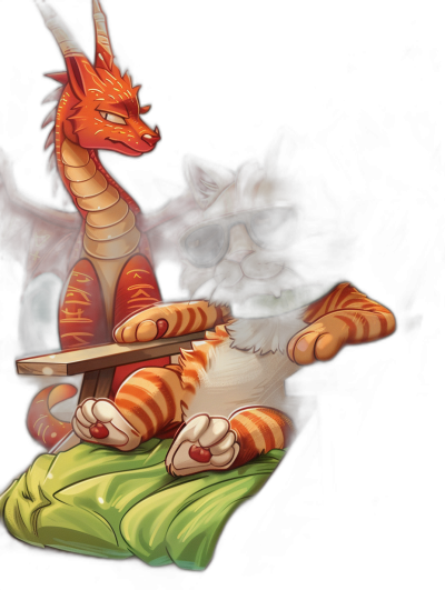 A dragon wearing sunglasses and an orange cat with white stripes lying on the bed playing computer games, vector illustration in the style of a cartoon, black background, 2D game art, digital painting with high resolution and rich in detail, vibrant colors and soft lightings with dynamic effects.