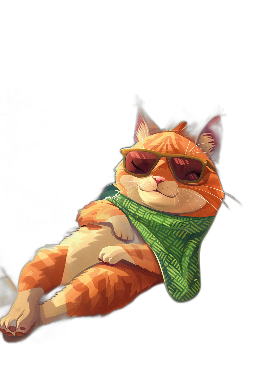 digital art of a cute fat orange cat, wearing sunglasses and a green scarf, lying on a black background, with a chill happy expression, minimalist illustration, in the style of [Loish](https://goo.gl/search?artist%20Loish), digital painting, 2D game art