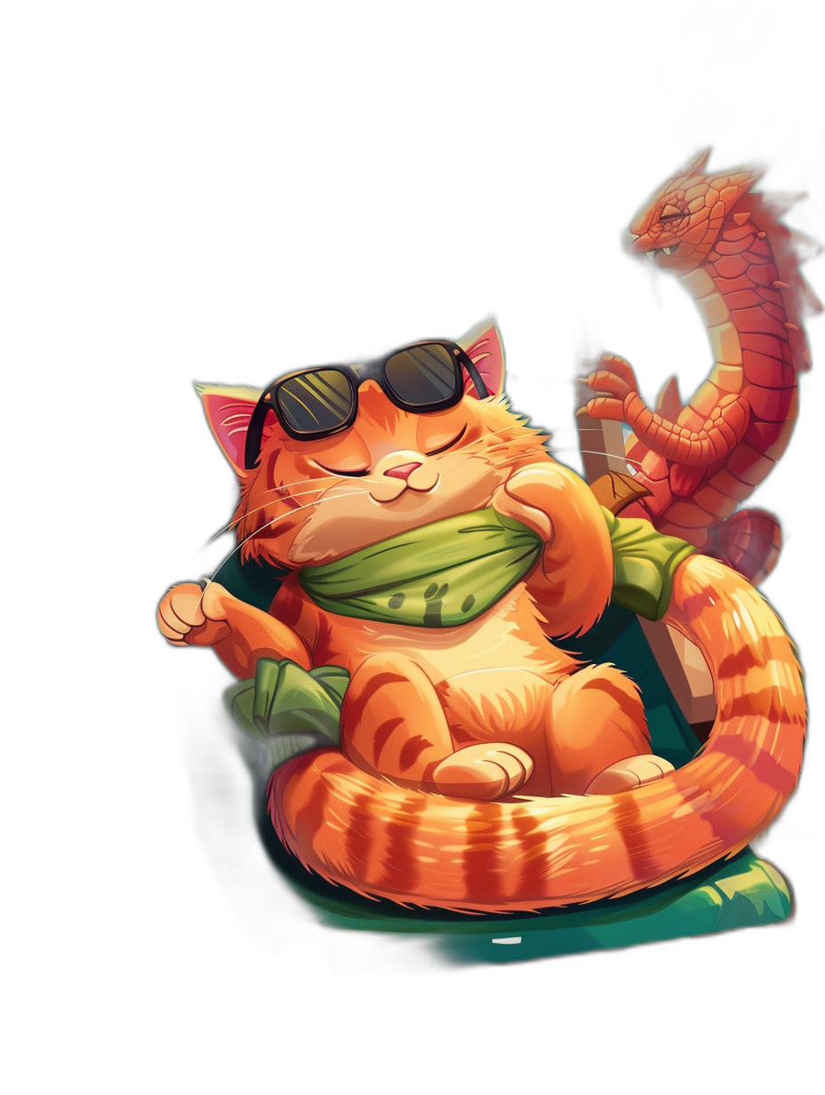 A chubby orange cat wearing black sunglasses and a green scarf is sleeping on top of a cobra from the snake king mobile wallpaper. The art is in the style of a cartoon with a chibi anime style and black background. It is a full body shot of the cute cat.