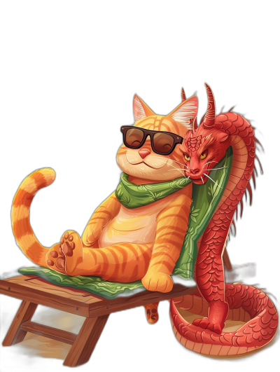 digital art of a cool fat orange cat and red dragon, the cute kitten is wearing sunglasses, sitting on a wood chair with a green blanket against a black background, a chill vibe and happy feel. The digital art is in the style of.