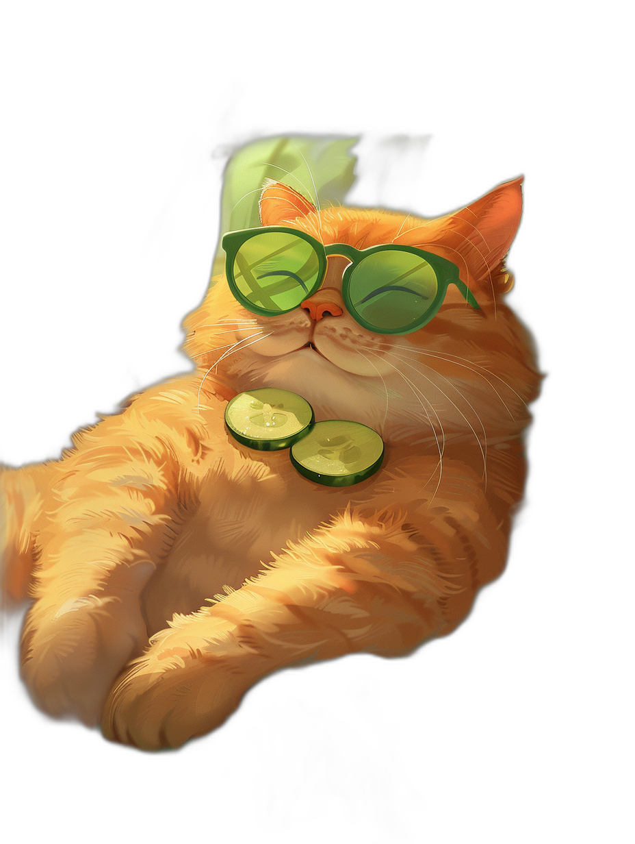 digital art of a cute fat orange cat, wearing sunglasses and holding a cucumber on its belly against a black background, with a chill smile.