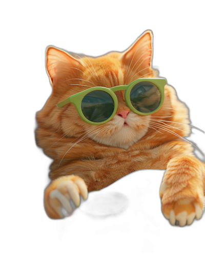 A ginger cat wearing green sunglasses, cute and funny pose, full body shot, black background, high definition photography style