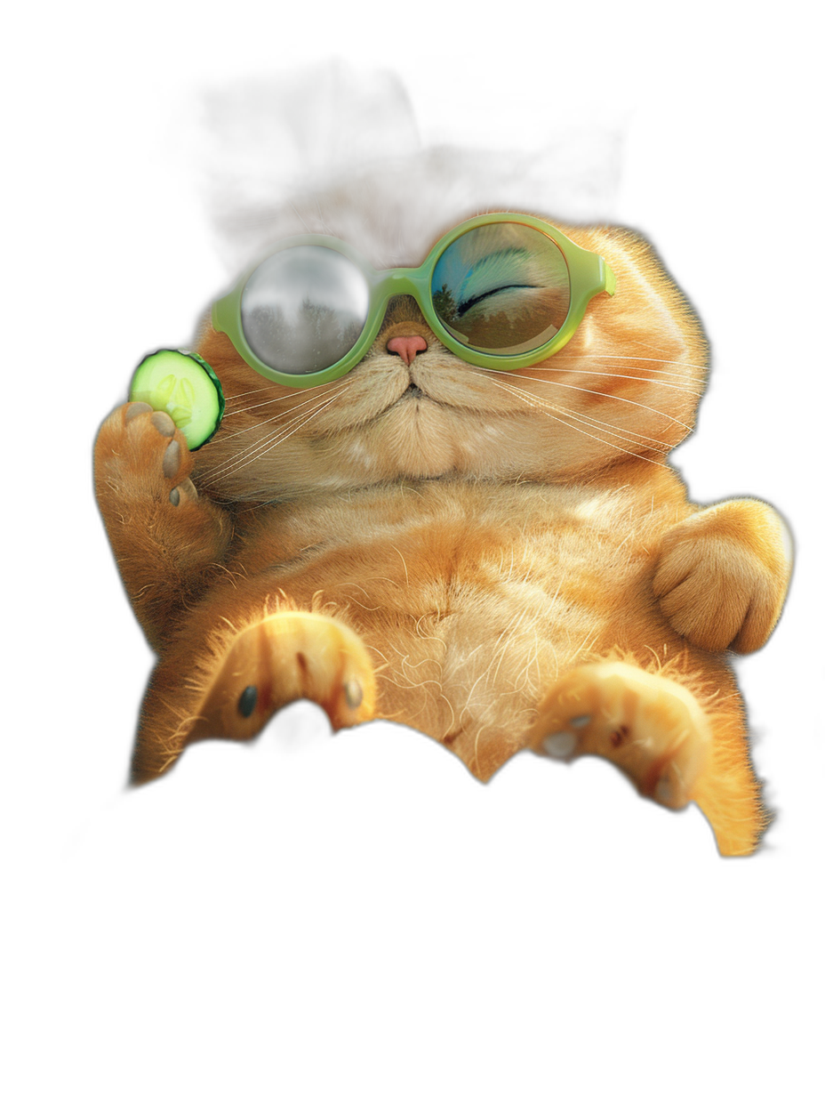 digital art of cute fat orange cat , wearing sunglasses and holding cucumber, chill out face expression with funny pose , black background , chilling happy and playful