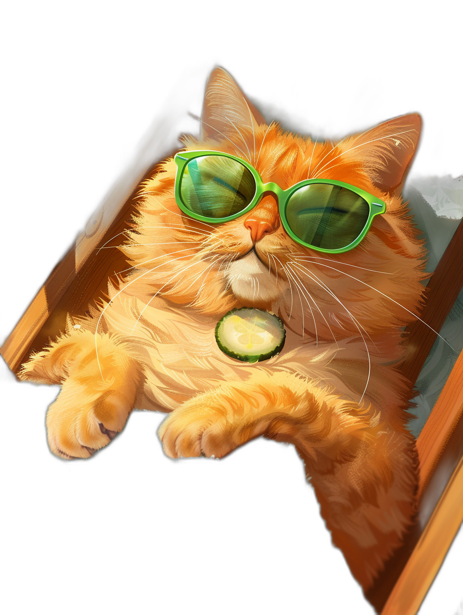 digital art of a cute and fat orange cat, wearing green sunglasses, lying on the window desk with a cucumber in its mouth, black background, chilling happily and funnily in the style of happy and funny.