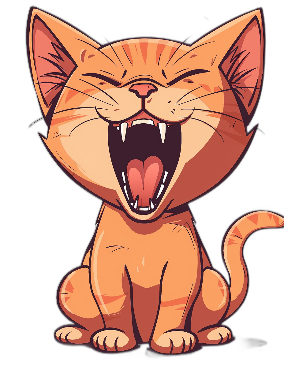 Cute cartoon cat laughing with open mouth and teeth, vector illustration, sticker design style, solid black background, simple lines, bright colors, high contrast, sharp details, digital art, graphic art. The character is a cute smiling orange tabby kitten in an animated chibi form. It has large expressive eyes and soft fur texture. Its body curves and tail add to the playful nature of the pose. This t-shirt features cartoon illustrations of various animals such as cats, dogs, birds, and more, all designed in the style of the artist in a fun and friendly manner. Sticker Style