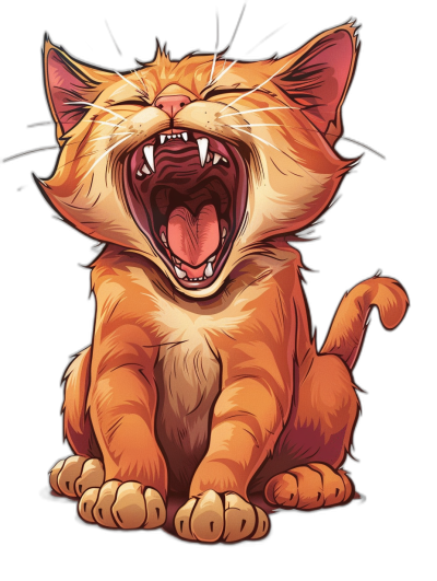 An cartoon illustration of an orange cat laughing with its mouth open, in the vector art style, isolated on a black background, as a t-shirt design graphic, with ultra detailed, colorful realism, and vintage-inspired character designs.