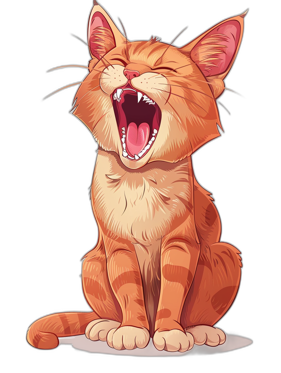 a cute ginger cat laughing with its mouth open, vector cartoon illustration on black background