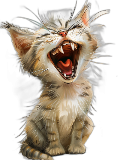 digital art of a cute kitten laughing very loudly with sharp teeth against a black background, a digital painting showing the kitten's full body in the style of digital art.