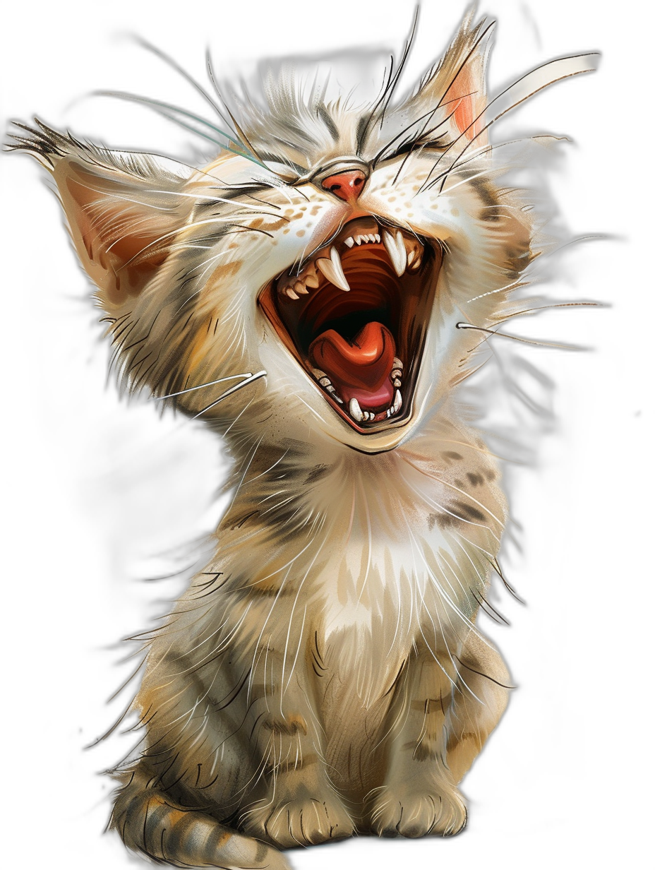 digital art of a cute kitten laughing very loudly with sharp teeth against a black background, a digital painting showing the kitten’s full body in the style of digital art.