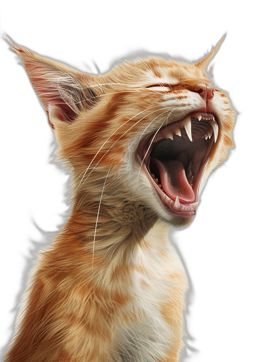 realistic digital illustration of an orange cat meowing, close up shot on the mouth with teeth showing, side view, isolated in black background,