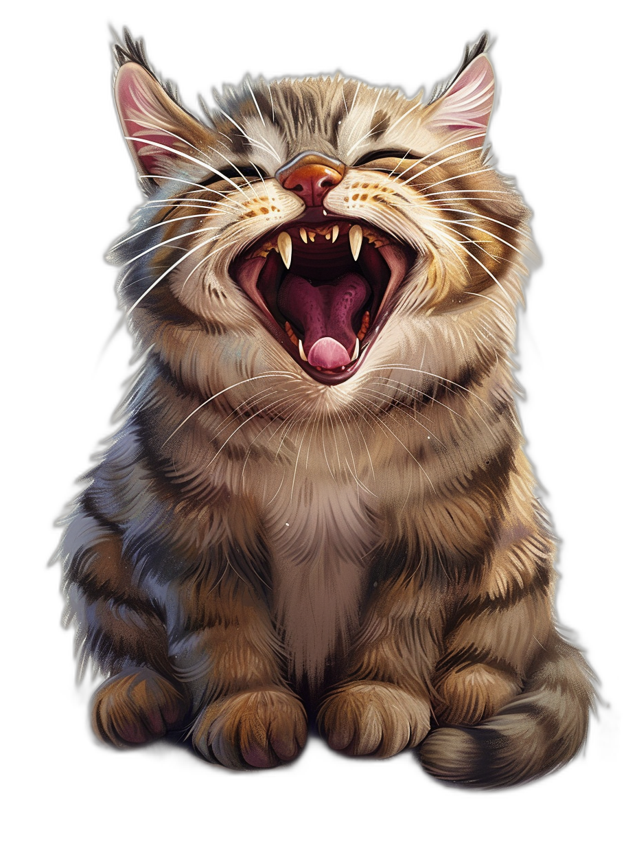 realistic digital illustration of an adorable cat laughing, mouth open with teeth showing, isolated on black background, in the style of [Artgerm](https://goo.gl/search?artist%20Artgerm) and [Greg Rutkowski](https://goo.gl/search?artist%20Greg%20Rutkowski) and [Alphonse Mucha](https://goo.gl/search?artist%20Alphonse%20Mucha)