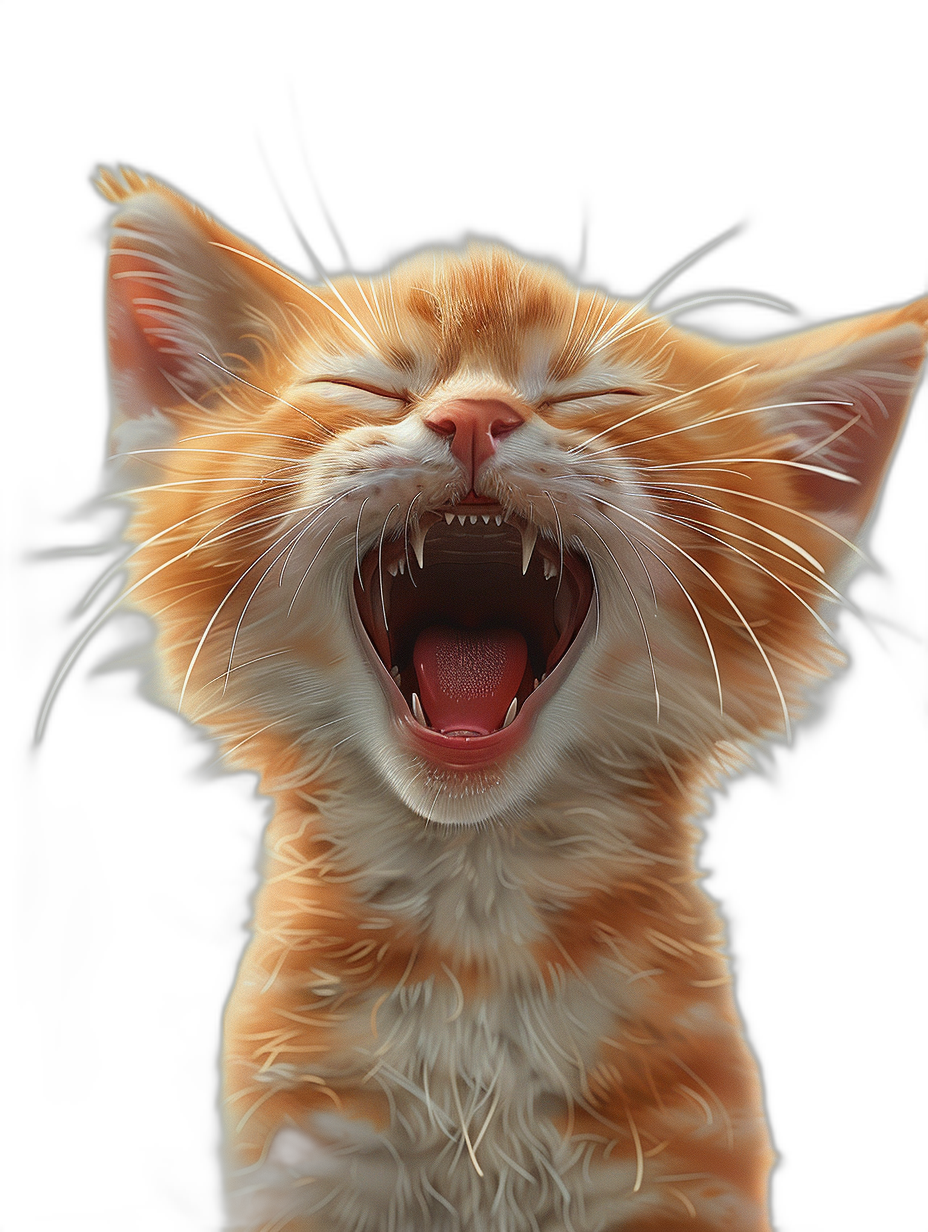 A cute smiling ginger cat with its mouth open and teeth showing against a black background, rendered in a hyper realistic style in the style of octane with high resolution photographic quality and HDR lighting.