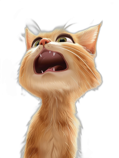 Illustration of an orange cat looking up and laughing against a black background in the style of Disney Pixar movie posters, in a cartoon style with high resolution and digital details.