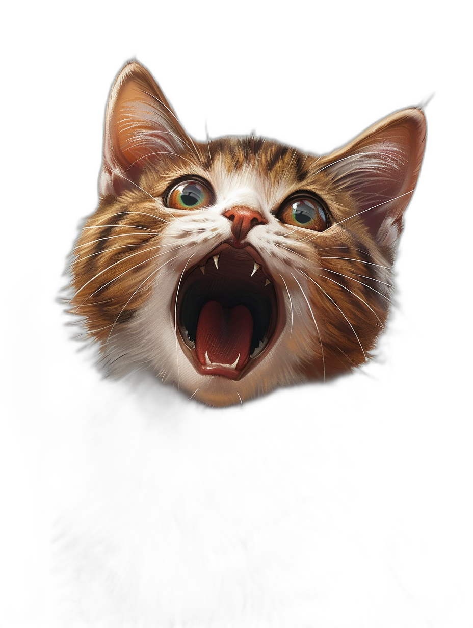 front view of cute happy cat meowing with open mouth, black background, digital art by [Kishin Shinoyama](https://goo.gl/search?artist%20Kishin%20Shinoyama) and [Atey Ghailan](https://goo.gl/search?artist%20Atey%20Ghailan), octane render, hyper detailed