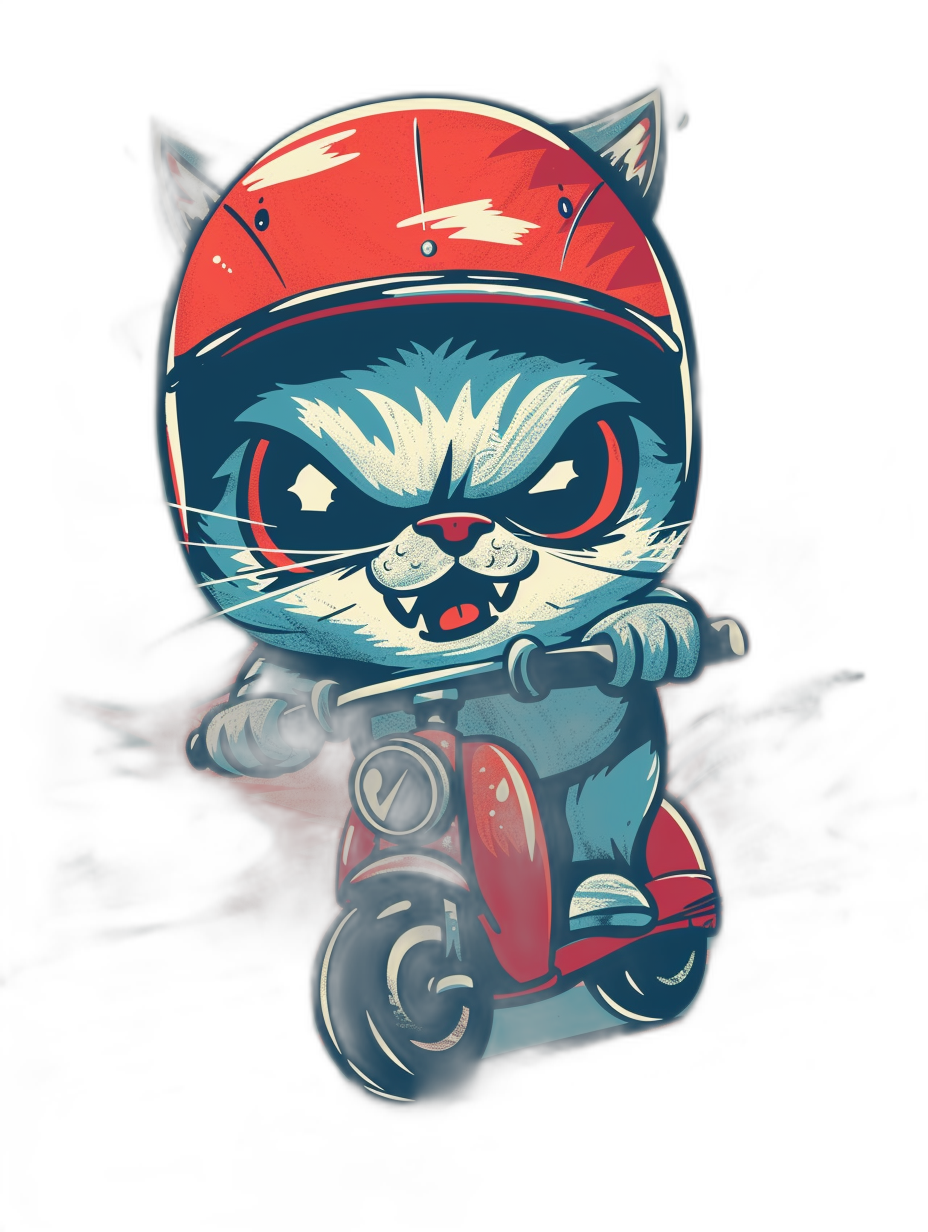 vector design of an angry cat on scooter, wearing helmet and red jacket on black background, contoured in white , isolated with dark grey edges for tshirt vector art . the colors should be bright reds, blues, blacks, with some hints of silver. The T-shirt style is cartoonish and cute. This will make great kids’ jeans shirt designs