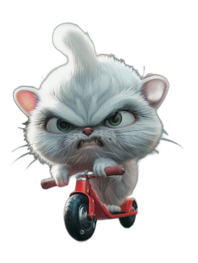 grumpy white cat riding scooter in the style of Pixar, cartoon character concept art, black background, cute, funny expression, big head and small body, big eyes, full shot, high detail