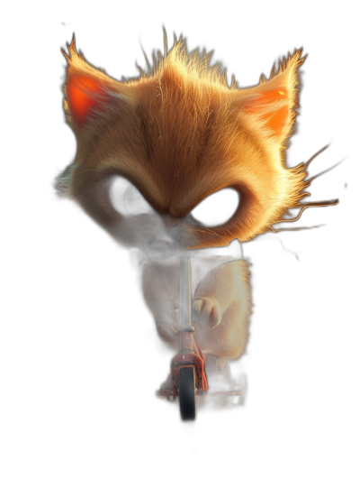 A cute little orange cat with black eyes is riding an electric scooter, with exaggerated expressions and a pure dark background, in the style of Pixar. It has the texture of a matte painting, and soft light illuminates its face. The image quality presents high-definition details.