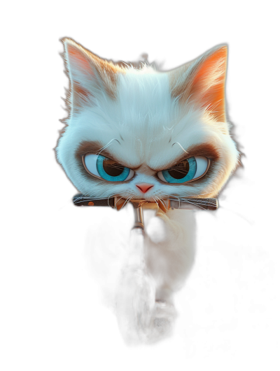 front view of a grumpy white cat with blue eyes riding a scooter, against a black background, in the style of Pixar, with a cartoon look, detailed, rendered in Octane