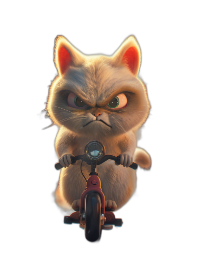 3D cute grumpy cat on the bike, in the style of Pixar, black background, cute character design