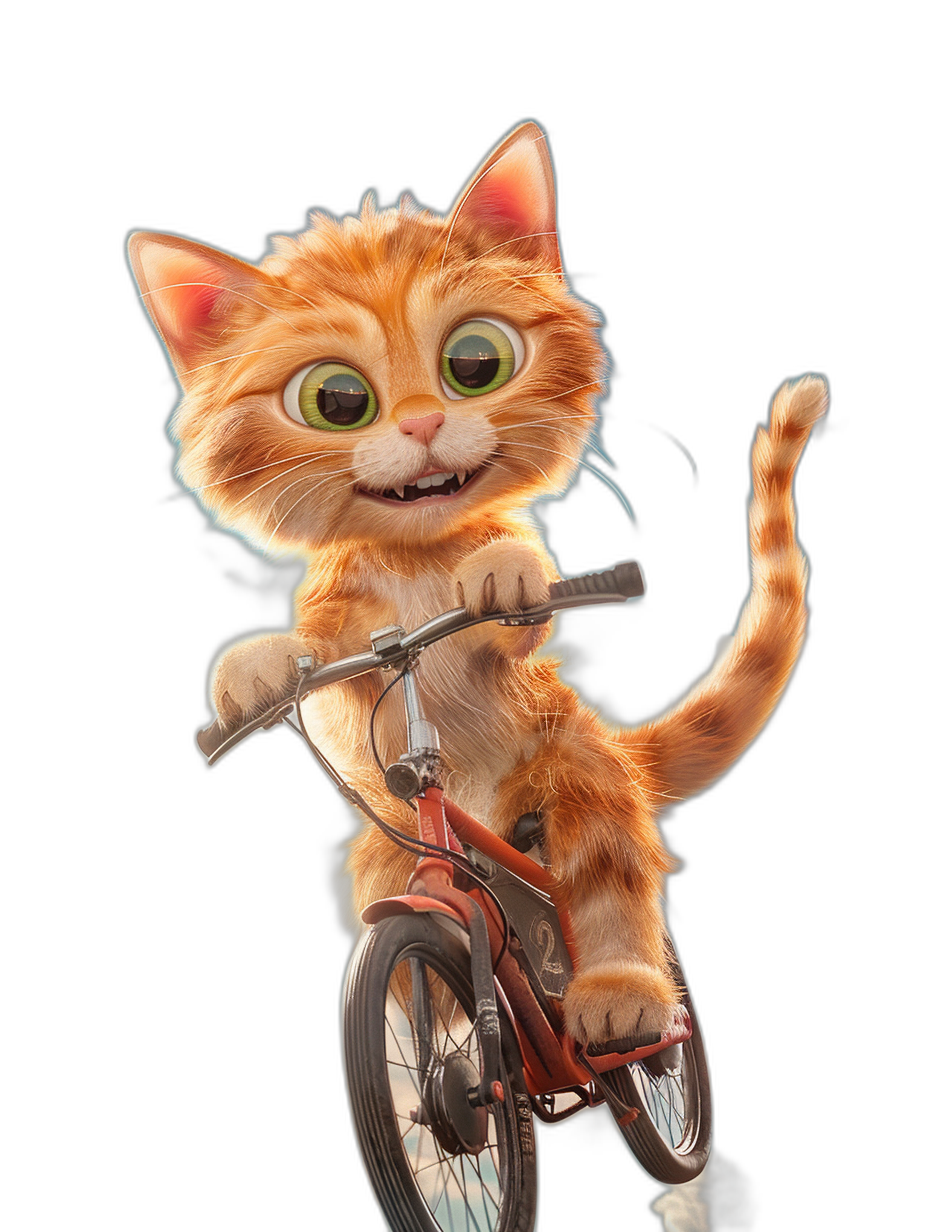 A cute orange cat riding on a bicycle, with a happy expression, big eyes, on a black background, in the style of Pixar, a full body shot from the front, in high definition and high resolution.