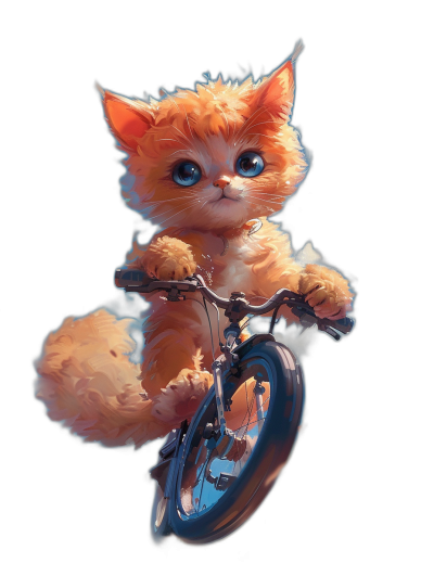 Cute orange cat riding on a bicycle, blue eyes, fluffy tail, isolated black background, digital art in the style of [Krenz Cushart](https://goo.gl/search?artist%20Krenz%20Cushart) and [Greg Rutkowski](https://goo.gl/search?artist%20Greg%20Rutkowski), cinematic lighting, ultra detailed, hyper realistic illustration.