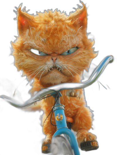 front view of an orange cat with blue eyes riding a bicycle with an angry face, in the style of Pixar, on a black background, high resolution, hyper realistic