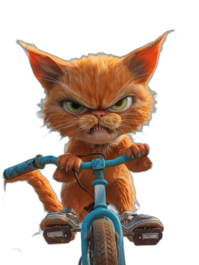 A cute orange cat with green eyes riding on the front of a blue bicycle, with an angry facial expression, on a black background, in the style of Pixar, with high resolution and hyper quality.