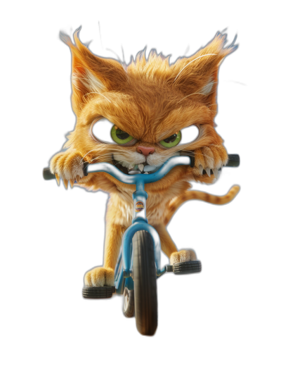 front view of an angry ginger cat with green eyes riding on the front wheel and holding onto the handlebar, in the style of Pixar, cartoon character design, black background, blue tricycle, detailed fur texture, bright color tone, cute face expression, high resolution, digital art, colorful, in the style of Pixar studio, in the style of Pixar animation