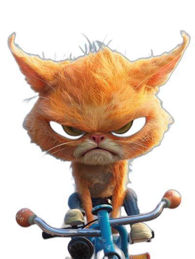 A cute orange cat with an angry expression, riding on the front of his bicycle in the style of Pixar, black background, full body shot, fluffy fur, big eyes, high definition photography, movie scene, cartoon character design, strong facial expressions, clear and fine details, ultra-high resolution, high-quality images, solid color backgrounds, movie lighting, octane rendering, best quality