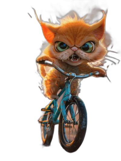 A cute orange cat riding on the front of a bicycle, with big eyes and a wide open mouth, wearing blue  against a black background, in the cartoon style, with 3D rendering, as digital art in the style of Pixar Studio, with fantasy elements, using bright colors, at high resolution, with high details, of high quality, with high light and sharp focus, in a full body shot from a long distance, rendered in a super realistic and super detailed style, for best picture quality.