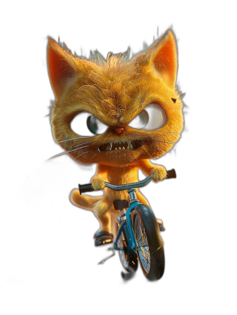 Cute cat riding a bicycle in the style of Pixar, against a black background, cute yet angry, with fluffy fur, big eyes, a small mouth with sharp teeth, flying hair, shown in a full body shot from the front, in high definition and high resolution.