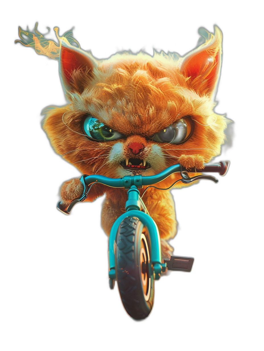 front view of a cute furry ginger cat riding a bicycle, with turquoise eyes that have a blue fire in them, in the cartoon style, isolated on a black background, in the styles of Chris-Malec, [Greg Rutkowski](https://goo.gl/search?artist%20Greg%20Rutkowski), and [Artgerm](https://goo.gl/search?artist%20Artgerm), hyper realistic, vibrant, with a funny expression