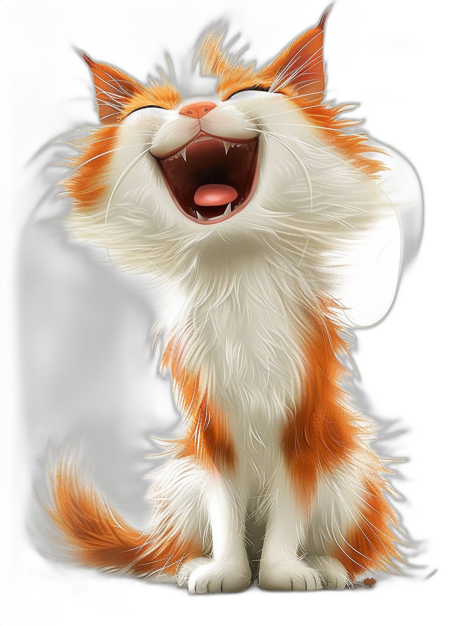 A white and orange cat laughing in a cute, full body illustration against a black background in the style of Disney, the high resolution digital art could be used as a wallpaper.