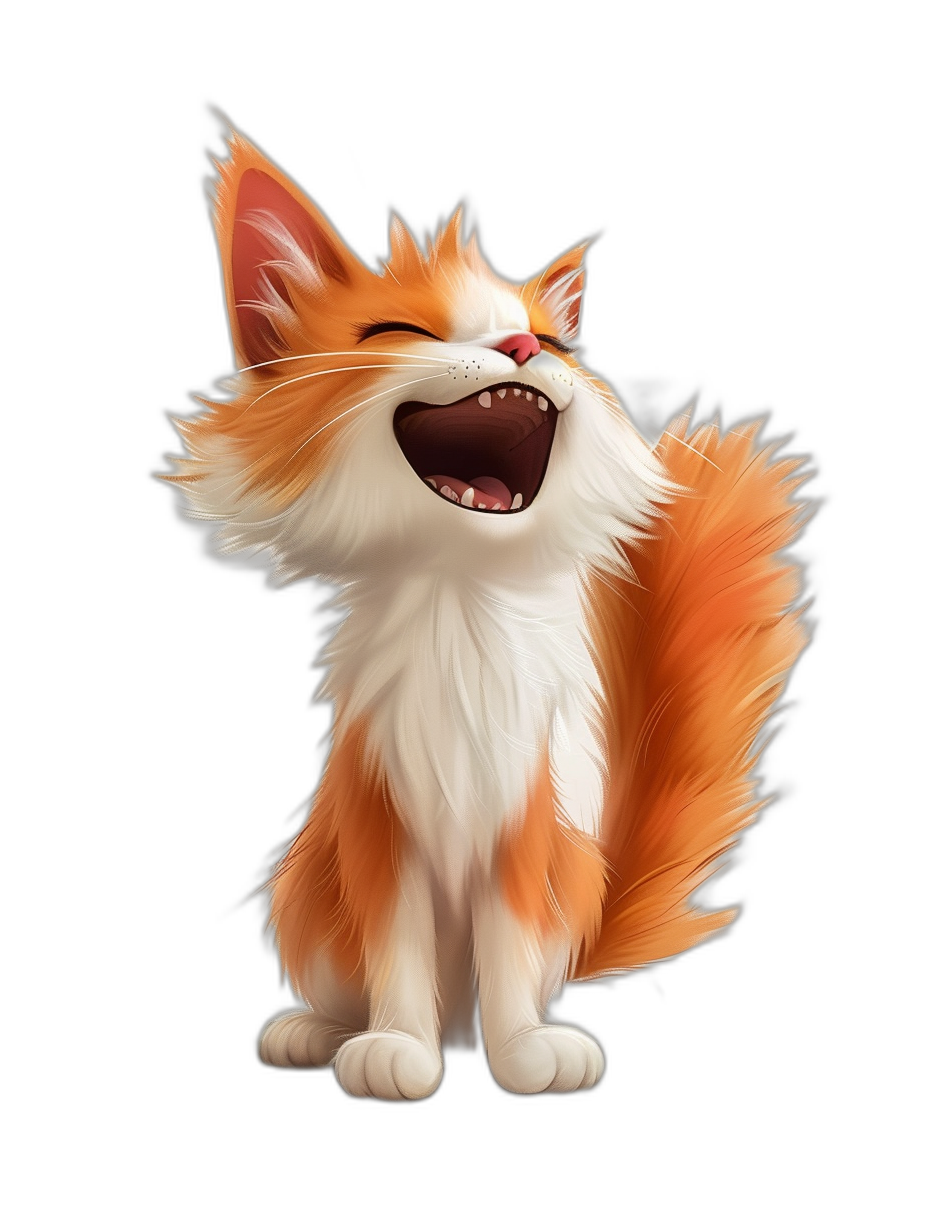 3D render of a cute smiling fluffy orange and white cat against a black background, with a character design in the style of Disney, resembling the style of Disney Pixar, rendered with Octane rendering and studio lighting.