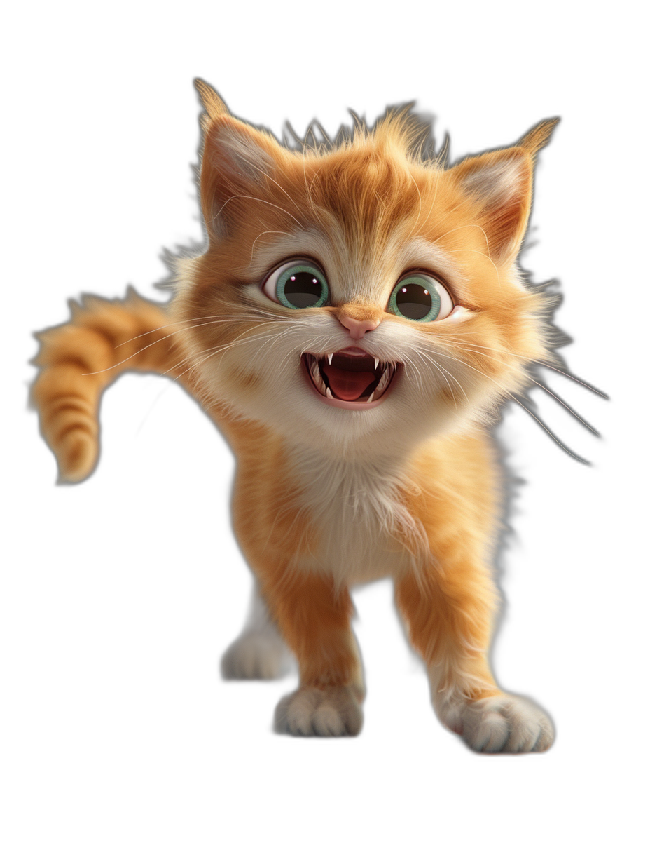 3D render of a cute smiling ginger kitten with big eyes jumping towards the camera, isolated on a black background, in the style of Pixar.