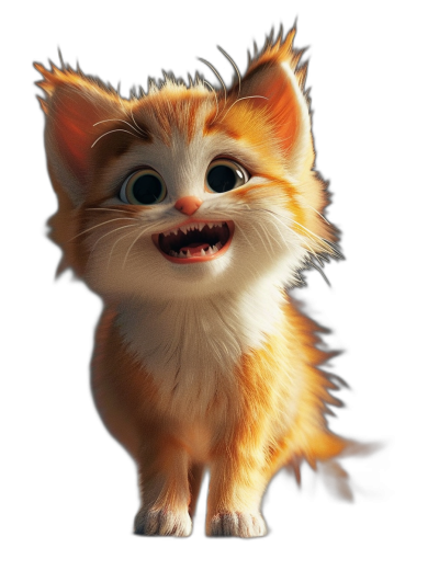 A cute smiling ginger kitten, in the style of Pixar, on a black background, in the style of Disney with big eyes, cinematic, 3D render, soft lighting, hyper realistic.