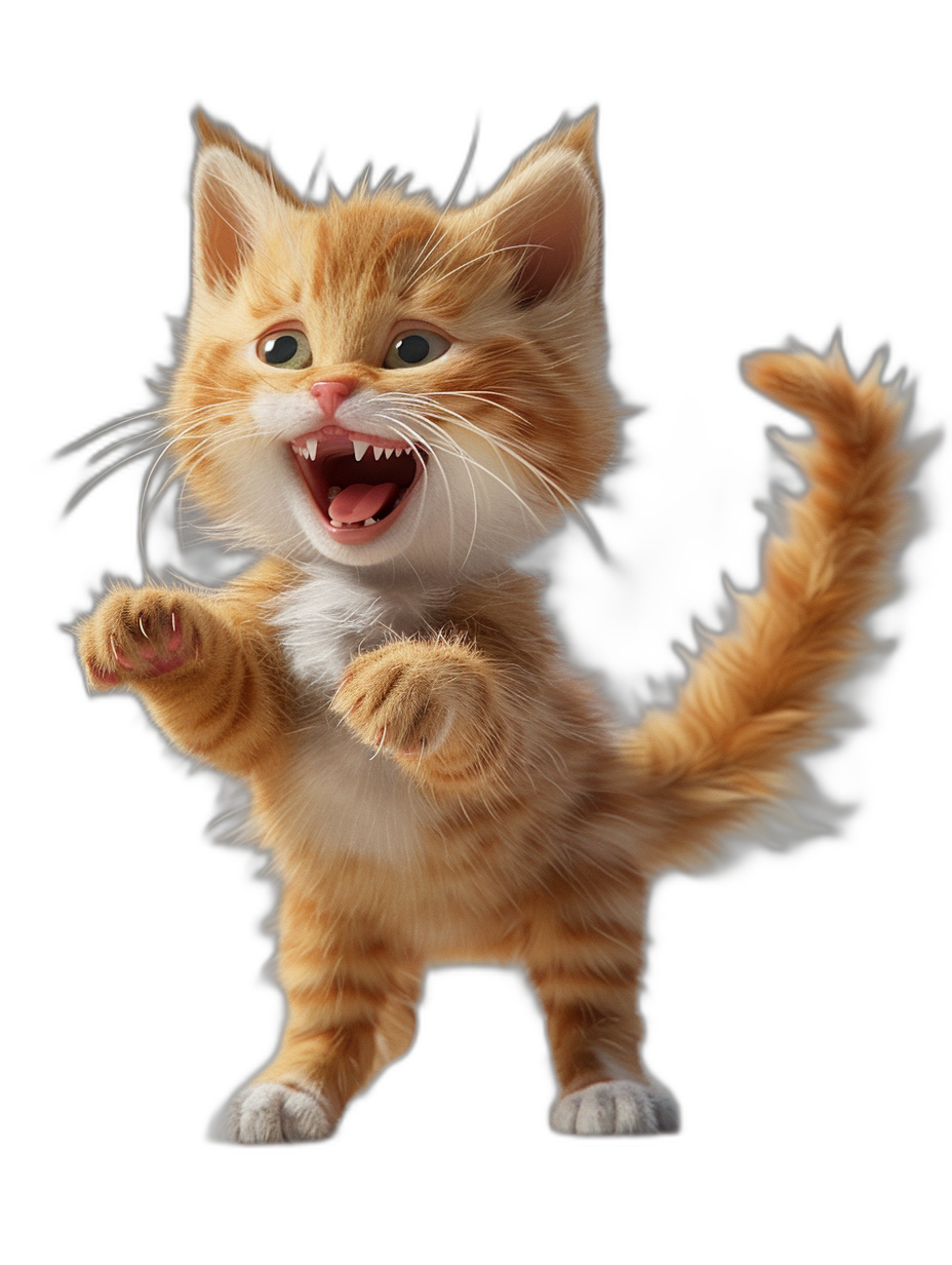 3D render of a cute, happy smiling ginger cat, full body, dancing on a black background, in the style of Pixar, with octane rendering, like something from the unreal engine, hyper realistic