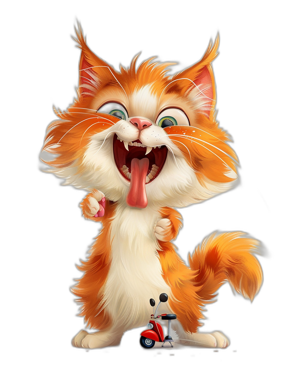 Cute cartoon cat laughing with its tongue out, riding on a scooter in the style of Disney, against a black background, with high resolution and highly detailed character design in the pixar art style, with orange and white fur color.