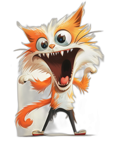 Cartoon character design, an orange and white cat with long hair, a happy expression, exaggerated body movements, full of energy, standing on the ground laughing heartily. Black background, bright colors, high contrast, exaggerated facial expressions, cute style.