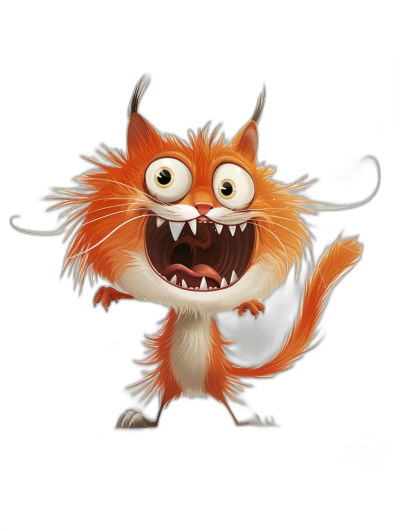 illustration of a funny cartoon cat with big teeth, isolated on a black background, in the style of chris dunn, in the style of Pixar