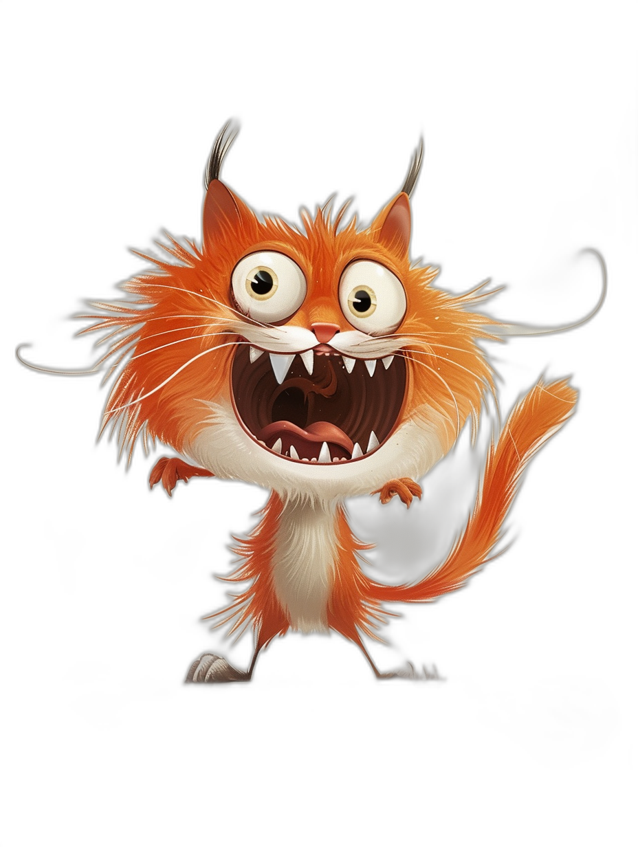 illustration of a funny cartoon cat with big teeth, isolated on a black background, in the style of chris dunn, in the style of Pixar