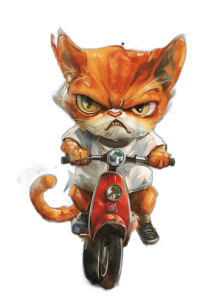 A cute orange cat, wearing a white t-shirt and black shoes, riding a red scooter in the style of a chibi character, with an angry facial expression, digital art in the style of [Artgerm](https://goo.gl/search?artist%20Artgerm), on a pure solid black background, a full body portrait, cinematic lighting, sharp focus, high resolution, high quality, high detail, HDR.