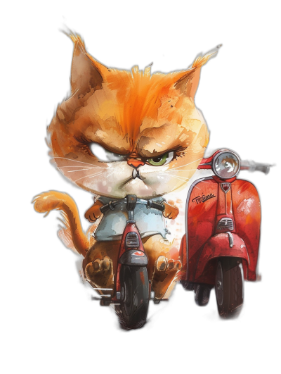 t-shirt design, character concept of a cute and happy ginger cat with an angry expression riding on a red Vespa against a black background, in the watercolor style, in the style of Pixar, illustration art